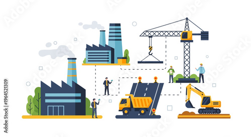 Industrial Manufacturing & Construction Process. Factories, Heavy Machinery, Logistics, and Workforce for Urban & Infrastructure Development. Supply Chain Concept