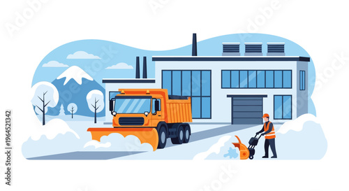 Efficient Winter Snow Removal: Snow Plow Truck and Worker Clearing Industrial Facility Driveway