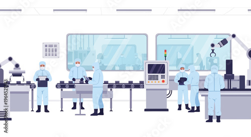 Cleanroom Manufacturing Facility with Workers in Sterile Suits, Robotic Automation & Precision Production