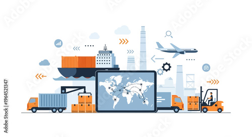 Global Logistics & Supply Chain Management: Smart Delivery Tracking, Freight Transportation, Shipping & Cargo Services Illustration