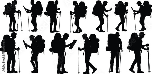 Large set of hiker silhouettes with backpacks and trekking poles, people hiking, walking, reading maps, and exploring isolated on white background