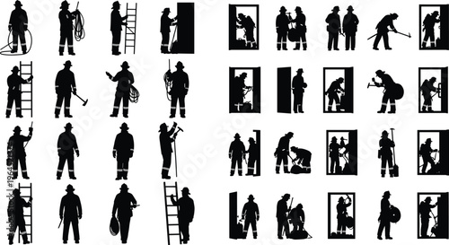 Large set of firefighter silhouettes featuring rescue operations with ladders hoses ropes and tools for fire department emergency services and safety icons