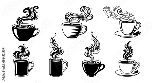 Hot coffee and tea cup icons with decorative steam swirls and smoke patterns in black and white vector graphics for cafe and bakery menus