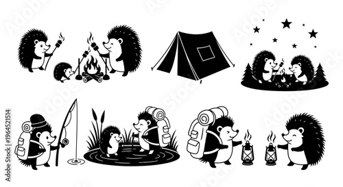 Charming vector illustrations of hedgehogs enjoying camping activities like roasting marshmallows and fishing outdoors