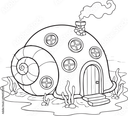 Cute cartoon fantasy snail house design for coloring book page or children illustration with smoke from chimney.