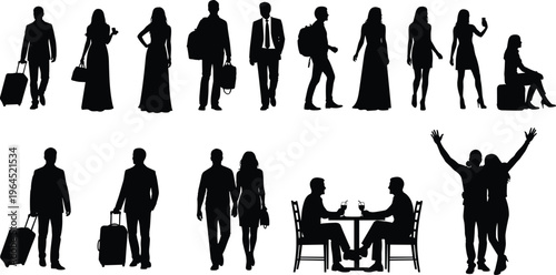 People silhouette set featuring business travelers with suitcases, couples dining, walking, and social activities for professional lifestyle and corporate travel project.