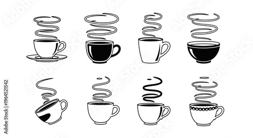 Set of eight steaming coffee cups vector illustration black and white icon collection design element isolated on white background