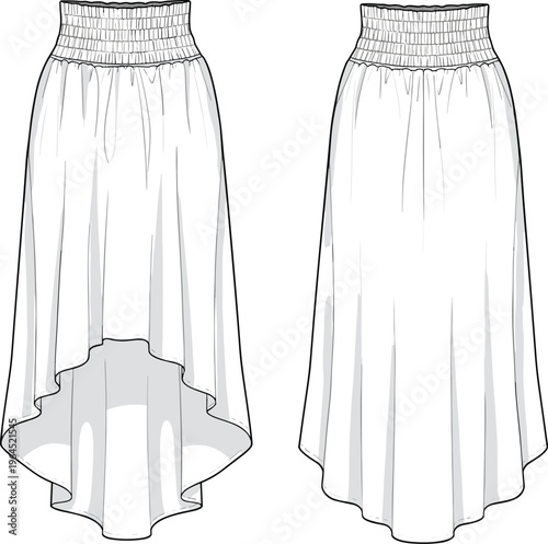 Elegant high waist asymmetrical midi skirt vector illustration, front and back view, flowing fabric design, fashion template, apparel mockup, modern feminine clothing style