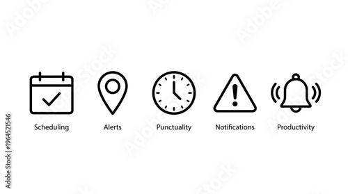 Minimalist black outline icons representing time management and organization. Includes calendar, pin, clock, warning sign, and bell motifs emphasizing scheduling, alerts, punctuality, notifications
