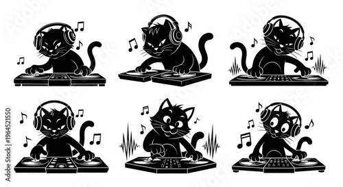Cool cat dj silhouettes playing music on turntables with headphones and musical notes isolated on white background vector collection for art