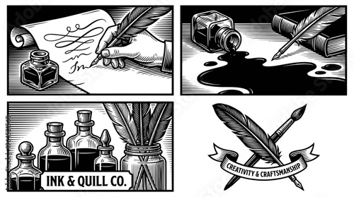 Black-and-white outline illustrations of quills, ink bottles, scrolls, and hands writing. Emphasizes creativity, artistic inspiration, and traditional writing tools for modern digital design assets.