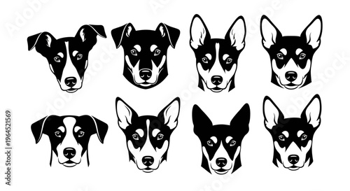 Black and white stylized collection of dog head icons featuring various breeds and ear shapes for design projects