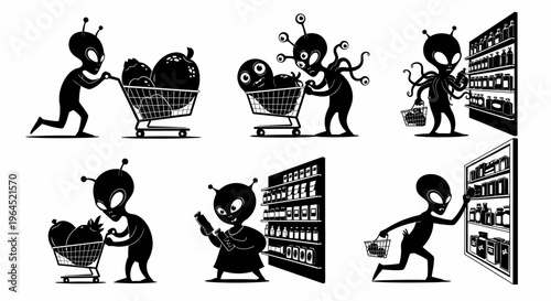 Aliens shopping for groceries in supermarket, aliens pushing cart, picking items, vector illustrations