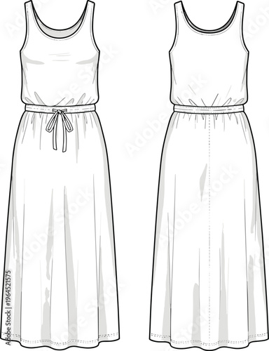 Casual sleeveless maxi dress vector illustration, front and back view, elastic waist tie detail, flowing fabric design, modern fashion apparel template