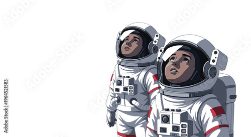 Two young astronauts in white space suits with red stripes and chest-mounted cameras gaze upwards on a clean white background.
