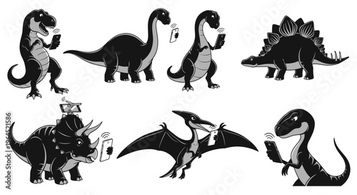 Set of seven dinosaurs interacting with smartphones and modern technology in various playful poses