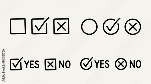 Minimalist black outline icons of checkboxes and radio buttons. Includes empty, checked, crossed states with “YES/NO” labels. Clean UI selection indicators for digital forms and interfaces.