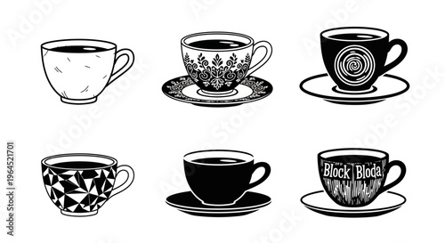 Vintage and decorative teacup collection with saucers featuring geometric patterns floral designs and artistic textures for elegant tea time