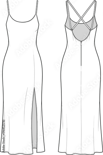 Elegant sleeveless bodycon maxi dress vector illustration, front and back view, strappy back design, fashion template, modern feminine apparel mockup