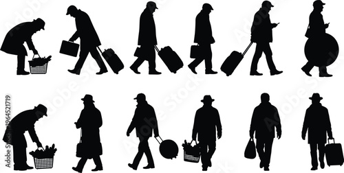 Set of black silhouettes showing elderly men in various activities like walking with luggage, carrying shopping baskets, and using mobile phones.