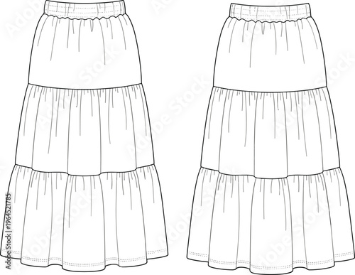 Tiered maxi skirt vector illustration, front and back view, elastic waist design, layered ruffle style, casual fashion apparel template mockup