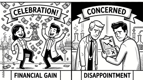 Cartoon-style black outline icons contrasting research funding success and budget cuts. Scientists celebrate under “Funding Secured” banner versus stressed colleagues under “Budget Cuts” cloud with de