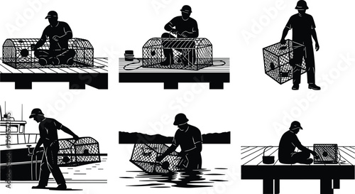 Set of fisherman silhouettes featuring commercial workers using lobster traps and crab cages for professional marine seafood industry on docks and boats