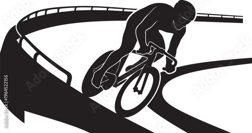 Dynamic silhouette of a cyclist intensely racing on a curved velodrome track, embodying speed and athletic prowess