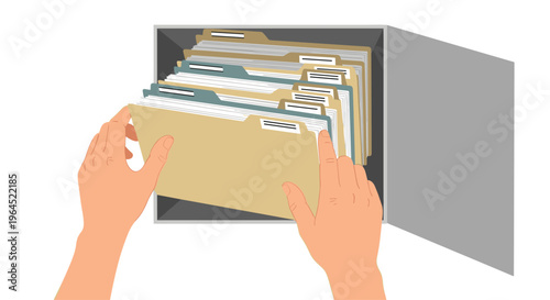 A pair of light-skinned hands from above carefully places a manila folder into a grey filing drawer filled with documents.