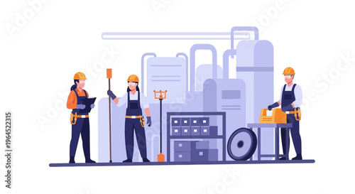 Industrial Workers in Manufacturing Plant Flat Vector Illustration