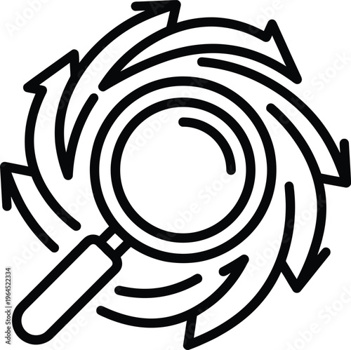 Vector graphic of a magnifying glass with swirling arrows around it for search and investigation concepts in a modern design style