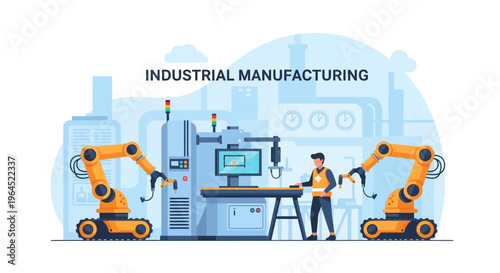 Industrial Manufacturing Automation: Smart Factory Production with Robotic Arms and Human Engineer Supervising Control Panel