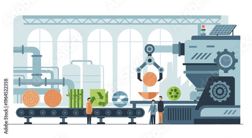 Sustainable Manufacturing: Eco-Friendly Production Line with Robotics, Renewable Resources, and Recycling Technology. Modern Green Factory Illustration.
