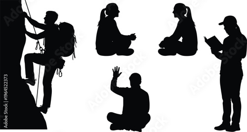 Set of silhouettes featuring rock climber, people sitting and talking, and person reading book isolated on white background, outdoor lifestyle activity vector