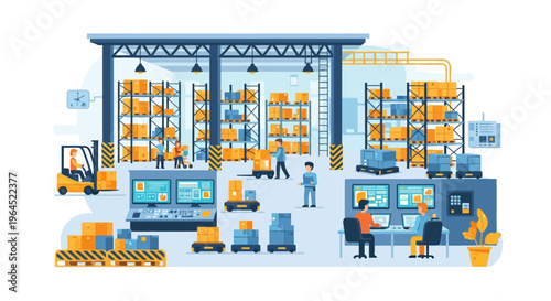 Smart Automated Warehouse Operations: Workers, Forklift, and AGVs managing efficient logistics, supply chain, and e-commerce fulfillment in a modern distribution center.