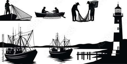 Set of traditional fishermen silhouettes with nets, fishing boats, and lighthouse on coastal landscape isolated on white background, maritime industry vector