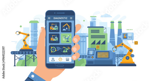 Smart Factory Monitoring App. Hand holds smartphone with diagnostic interface, controlling industrial robots and automation for Industry 4.0 & IoT manufacturing processes.