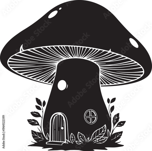 Minimalist mushroom house silhouette featuring large cap with spots and arched entrance for natural forest landscape compositions.