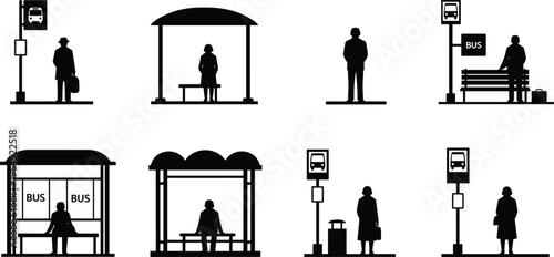 Set of various bus stop silhouettes with people waiting for public transportation icons isolated on white background, urban transit commute vector