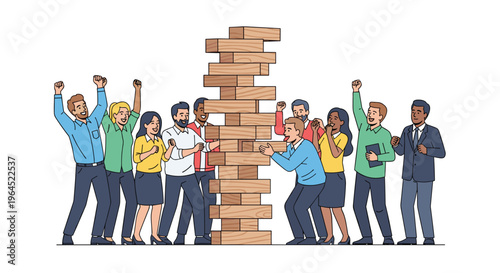 A diverse group of ten enthusiastic individuals stands around a towering, precarious stack of wooden blocks, celebrating its successful completion with raised arms.