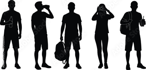 Set of young people silhouettes with backpacks, taking photos and drinking water isolated on white background, group of friends traveling, vector