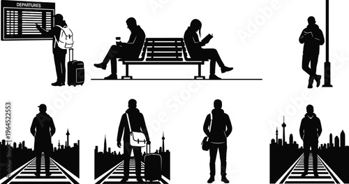 Set of traveler silhouettes with luggage, waiting at train station and viewing departure board icons isolated on white background, urban transit vector