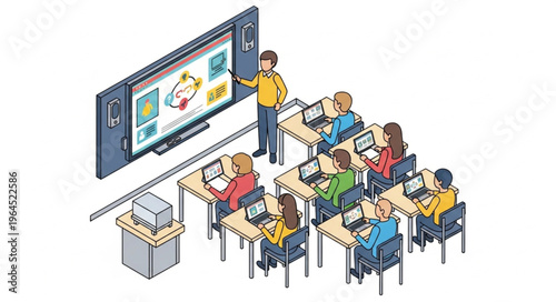 Classroom with Interactive Whiteboard and Students Learning with Laptops.