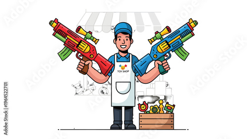 Toy Shop Employee: A friendly store employee proudly presents colorful water guns, standing amidst vibrant displays, embodying the joy of play and childhood.
