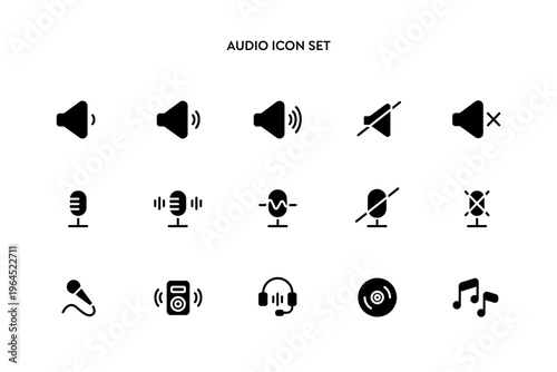 Audio and sound icon set include speaker, microphone, voice chat, record buttons, volume level, hearing wave, speaker and headset symbol for podcast music multimedia, AI chat application glyph icons