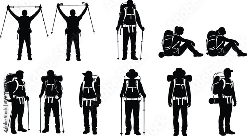 Silhouette collection of hikers and backpackers with trekking poles and backpacks standing and sitting in various poses for outdoor adventure design