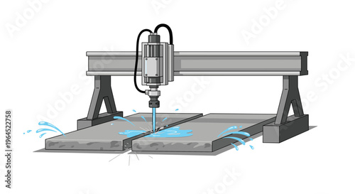 A robust industrial cutting machine with a drill-like tool is actively slicing through two large grey slabs, generating dynamic water splashes on a white background.