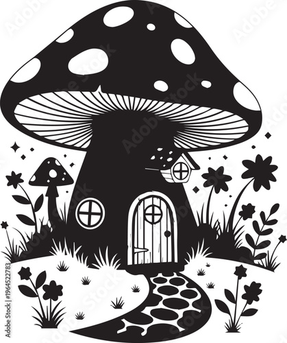 Mushroom house silhouette with spotted cap and stone path in garden setting with flowers and grass for fantasy theme designs.