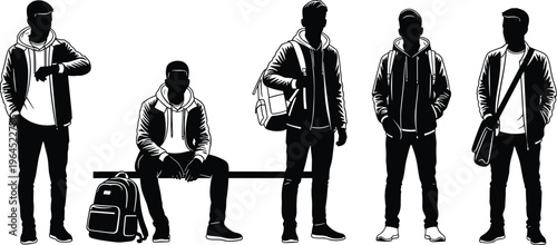 Silhouette group of five diverse male students standing and sitting with backpacks and messenger bags in minimalist black and white vector style
