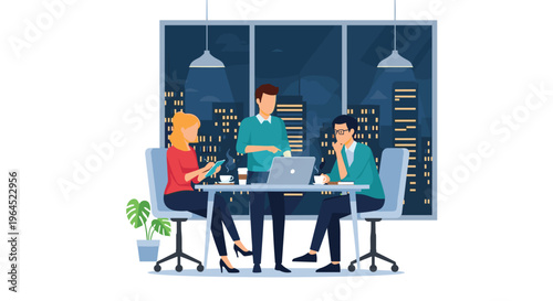 Three diverse individuals are engaged in a collaborative meeting around a table in a modern office, with a vibrant city skyline visible through a large window at night.